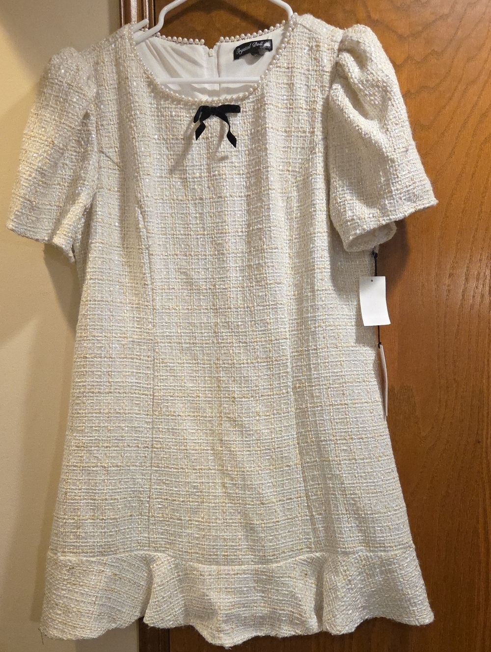 Crystal Doll Ivory Tweed Short Sleeve A-Line Dress with Black Bow